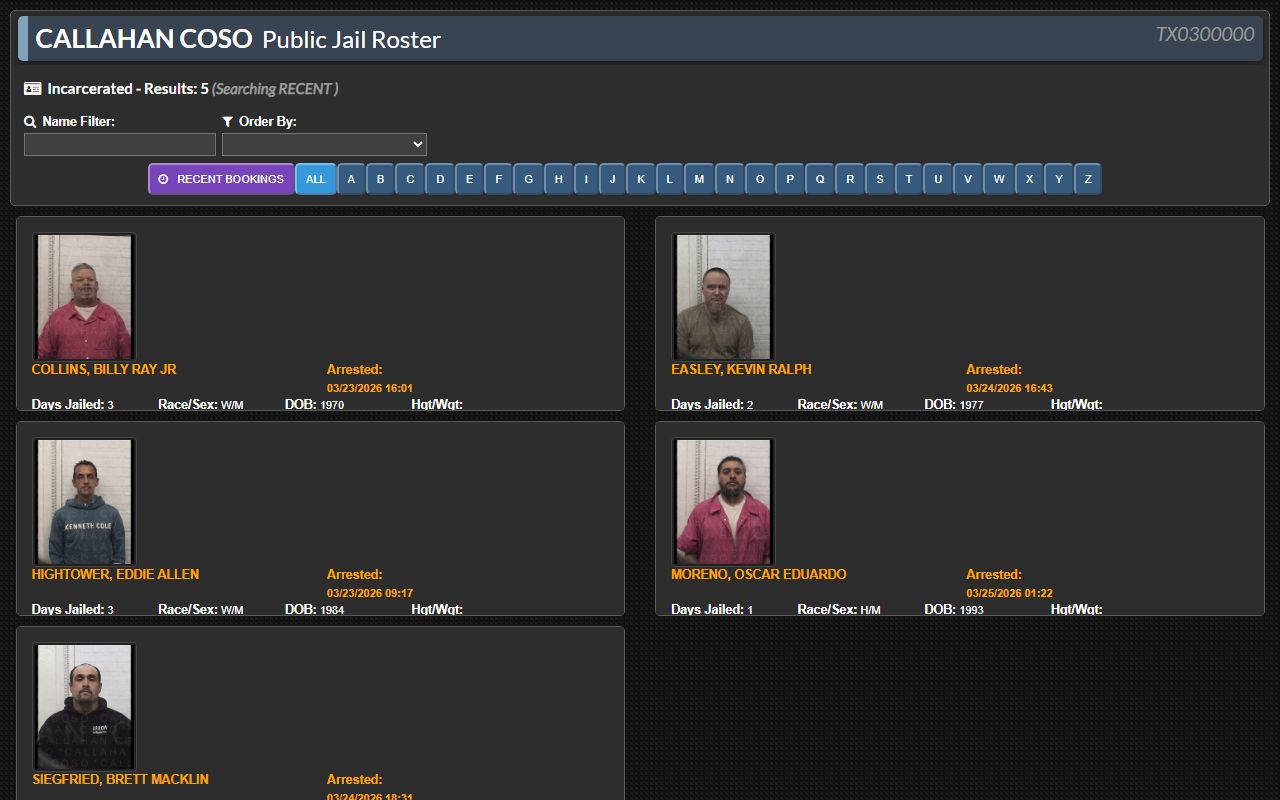 Callahan County Sheriff's Office arrest records and online jail roster in Baird Texas